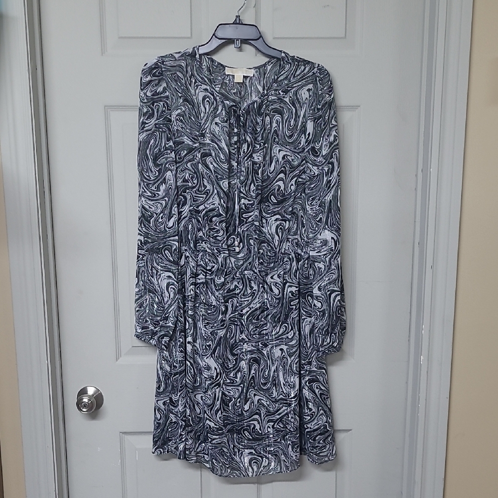 MICHAEL Michael Kors Printed Split-neck Elastic Waist A-line Dress Lined L EUC